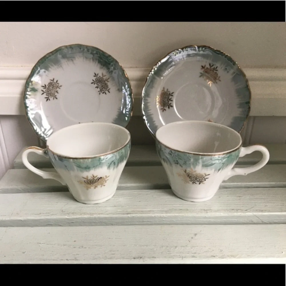 Vintage Demitasse Cups and Saucers Blue & White w/ Gold Trim Accents Set of Two